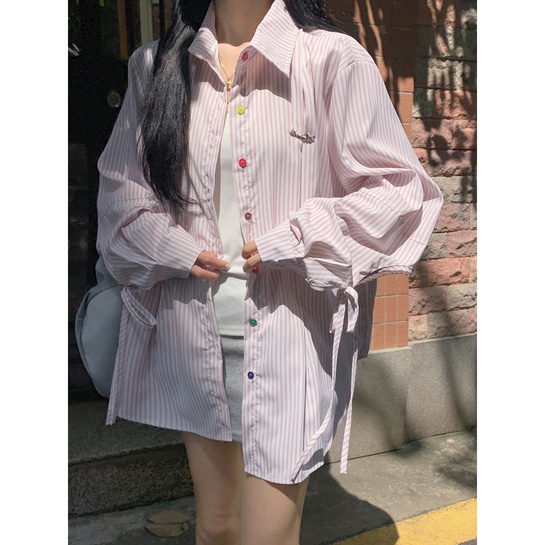 學院風設計感系帶彩色紐扣條紋襯衫女2023秋新款長袖開衫百搭上衣