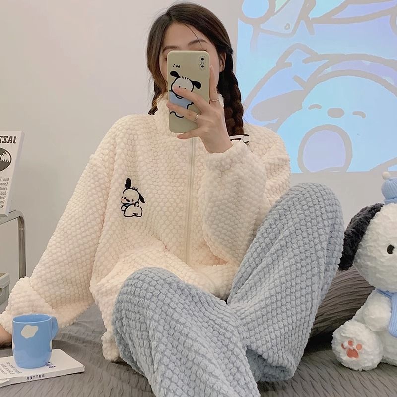 珊瑚絨睡衣女春秋2023新款冬天女士法蘭絨加絨加厚保暖家居服套裝