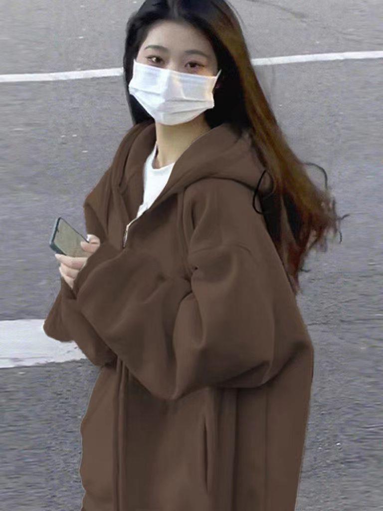 2023秋季美拉德穿搭咖啡棕色連帽衛衣oversize休閒慵懶風拉鏈外套