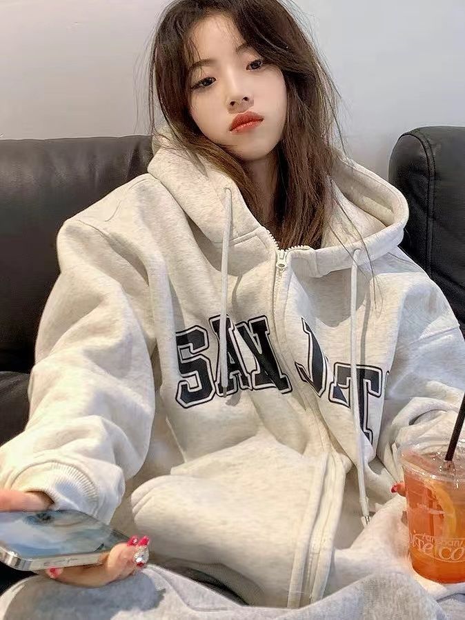 春秋款花灰色連帽衛衣女oversize寬鬆垂墜感慵懶印花拉鏈外套開衫
