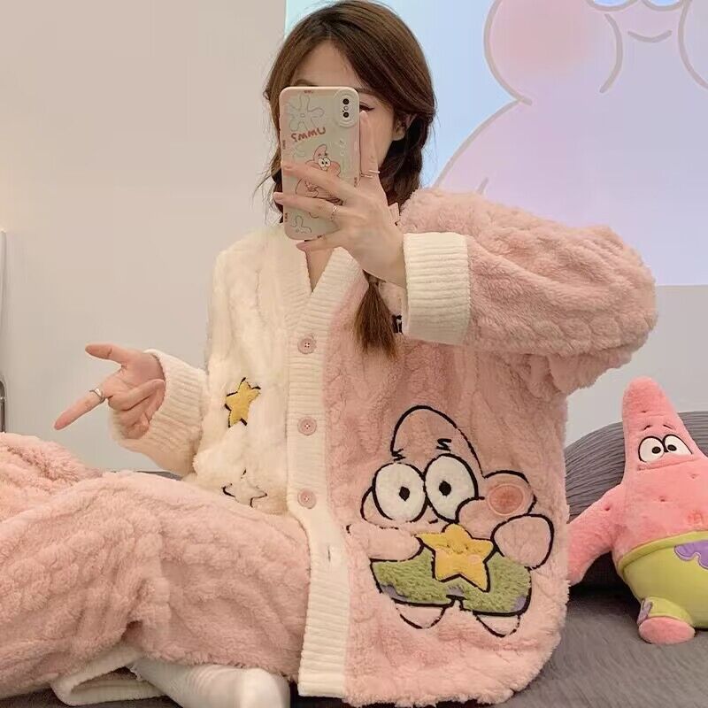 珊瑚絨睡衣女秋冬季派大星法蘭絨加絨加厚可愛風冬天款家居服套裝