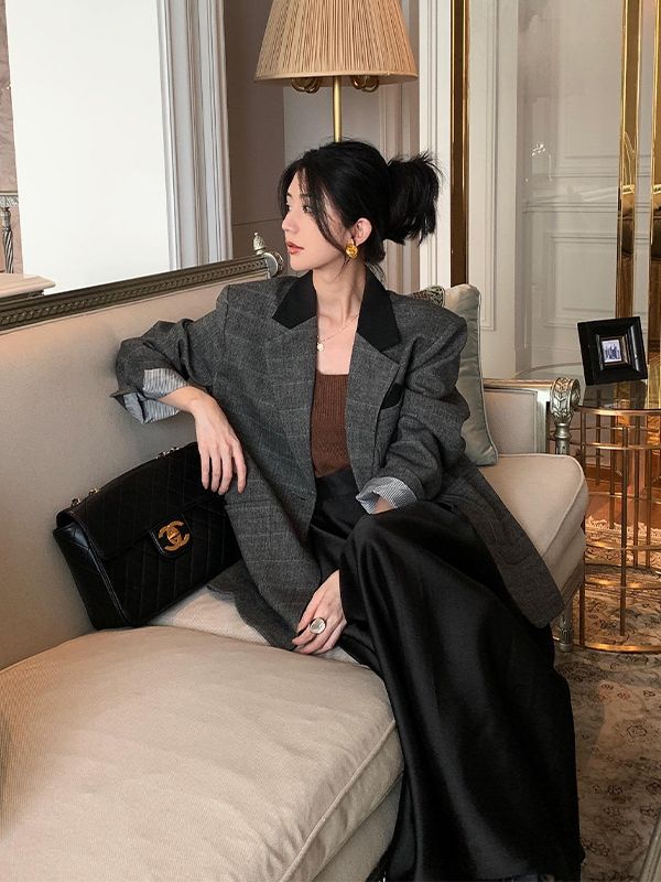 套裝女2023秋季新款高級感時尚撞色西裝外套法式高腰半身裙兩件套