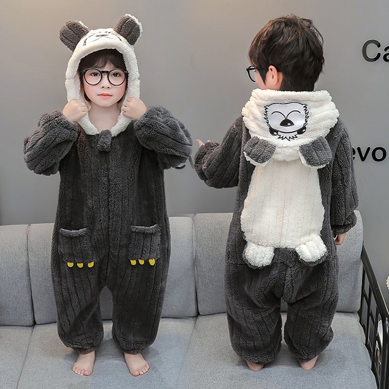 Children's one-piece pajamas, autumn and winter flannel anti-cold sleeping bags, baby coral velvet thickened cartoon crawlers