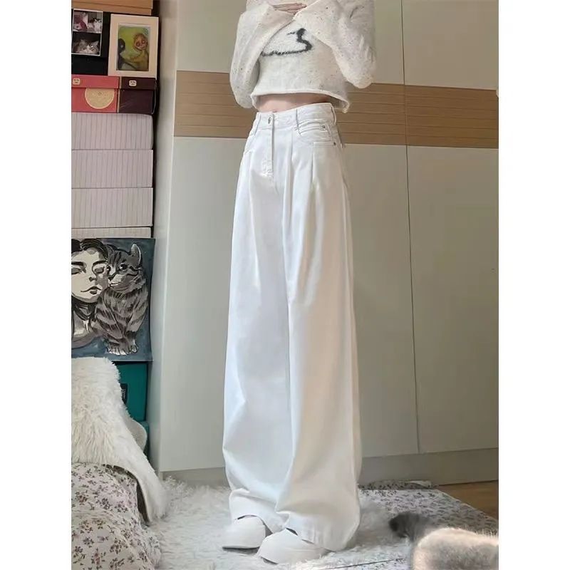 美式復古白色垂感直筒牛仔褲女秋冬新款高腰寬鬆顯瘦闊腿拖地褲子