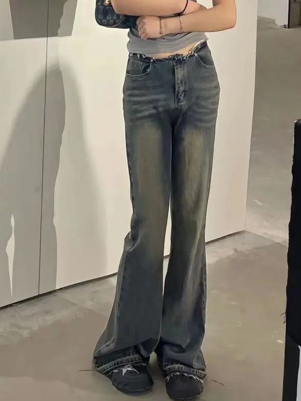 辣妹復古做舊毛邊微喇褲喇叭褲牛仔褲女美式高街低腰闊腿拖地褲子