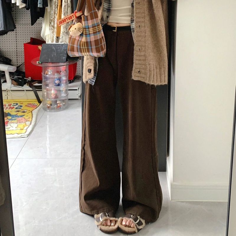 復古做舊咖色闊腿牛仔褲女秋季小個子高腰顯瘦直筒褲垂感拖地長褲
