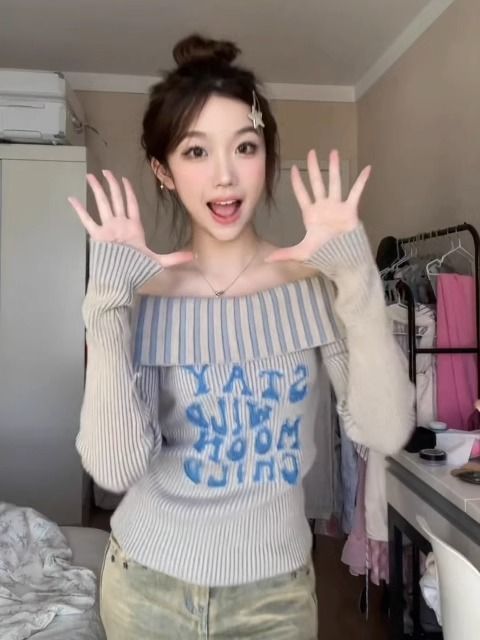 美式慵懶毛衣女秋季高級感修身針織衫純欲辣妹長袖y2k一字肩上衣