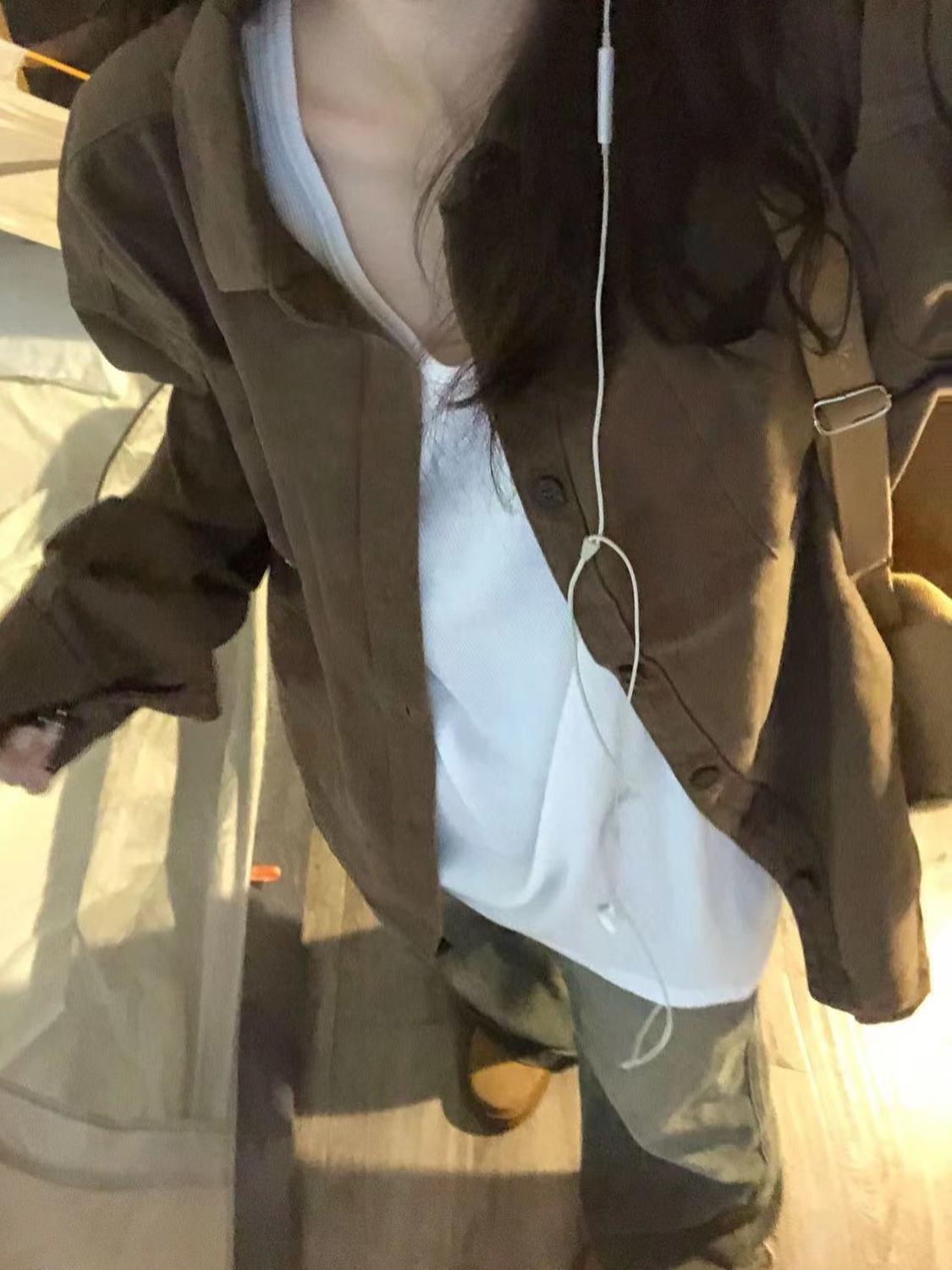 秋季美拉德穿搭咖啡棕純棉襯衫內搭外穿寬鬆顯瘦百搭長袖襯衣外套