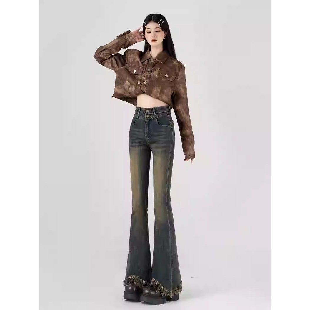 復古高腰牛仔褲女2023早秋新款小個子彈力顯瘦流蘇微喇叭褲馬蹄褲