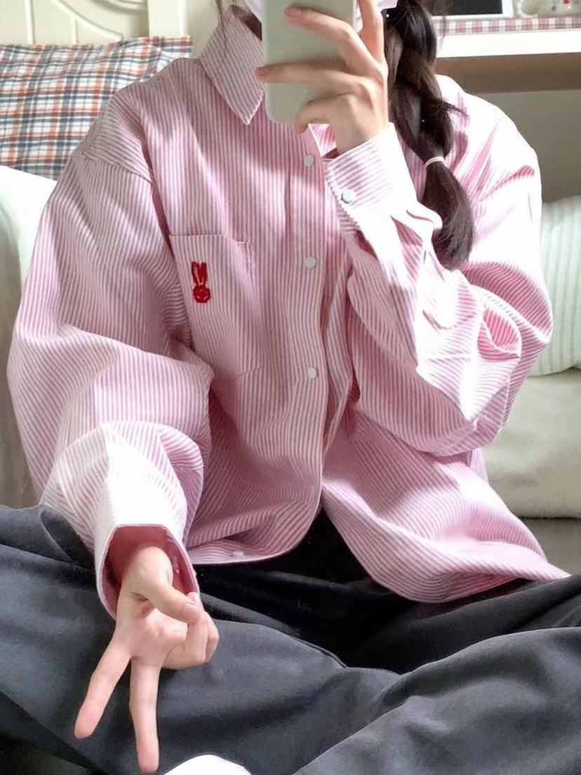 韓系甜美粉色條紋襯衫外套女2023春秋款寬鬆休閒顯瘦長袖襯衣開衫