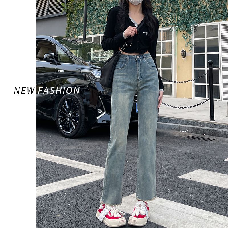 直筒煙管褲子牛仔褲女春秋2023新款爆款小個子九分高腰法棍褲秋季