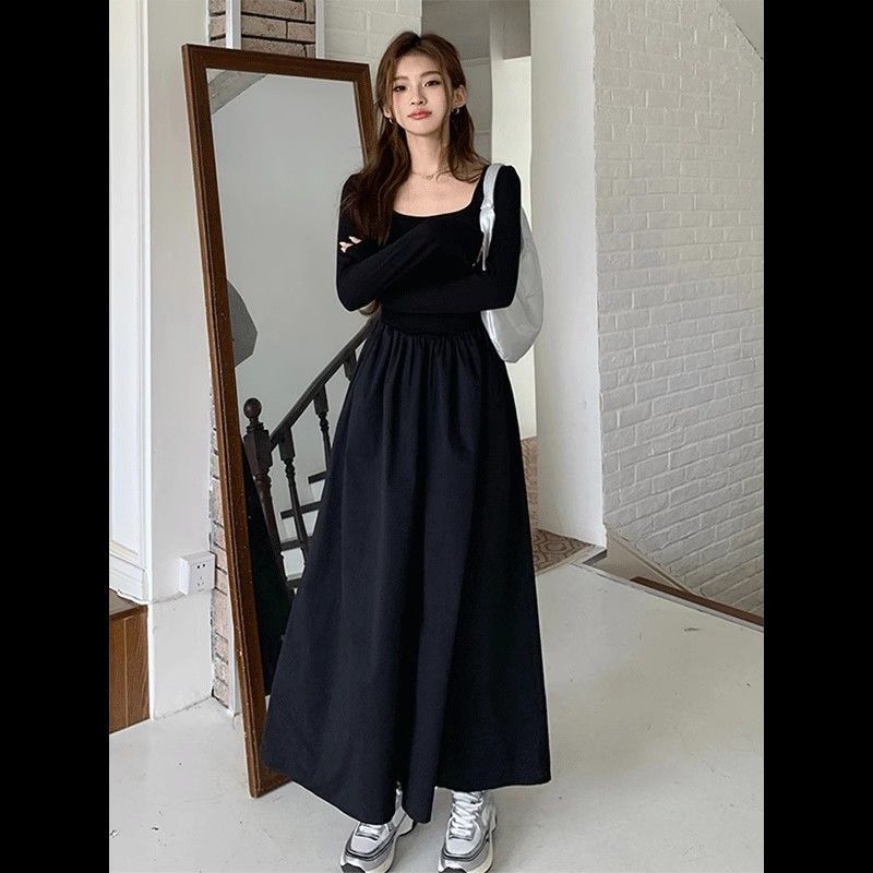 Pure Desire French Retro Long Sleeve Dress Women Hepburn Square Neck Waist Slimming Spliced ​​Large Hem Long Skirt Autumn