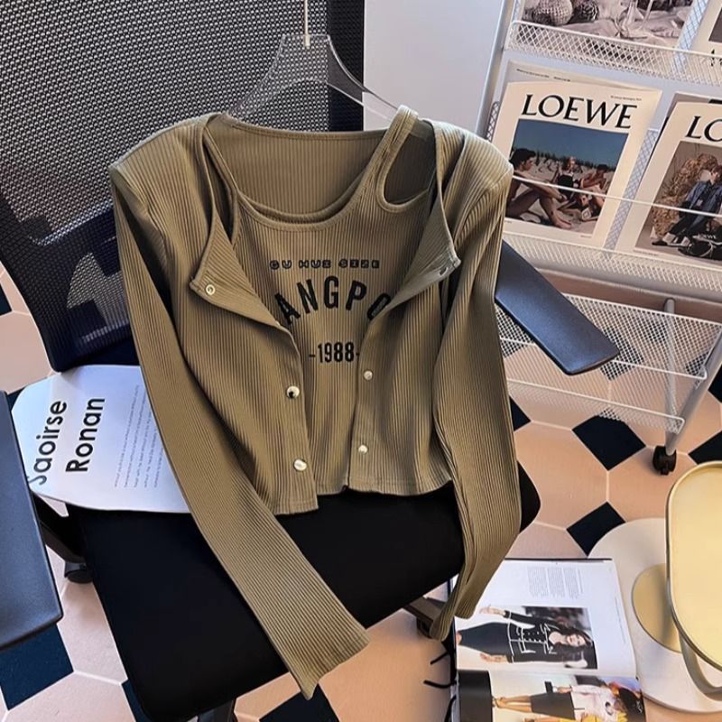 Hot girl Hong Kong style suspender cardigan two-piece set for women in spring and autumn niche unique design short top long-sleeved T-shirt