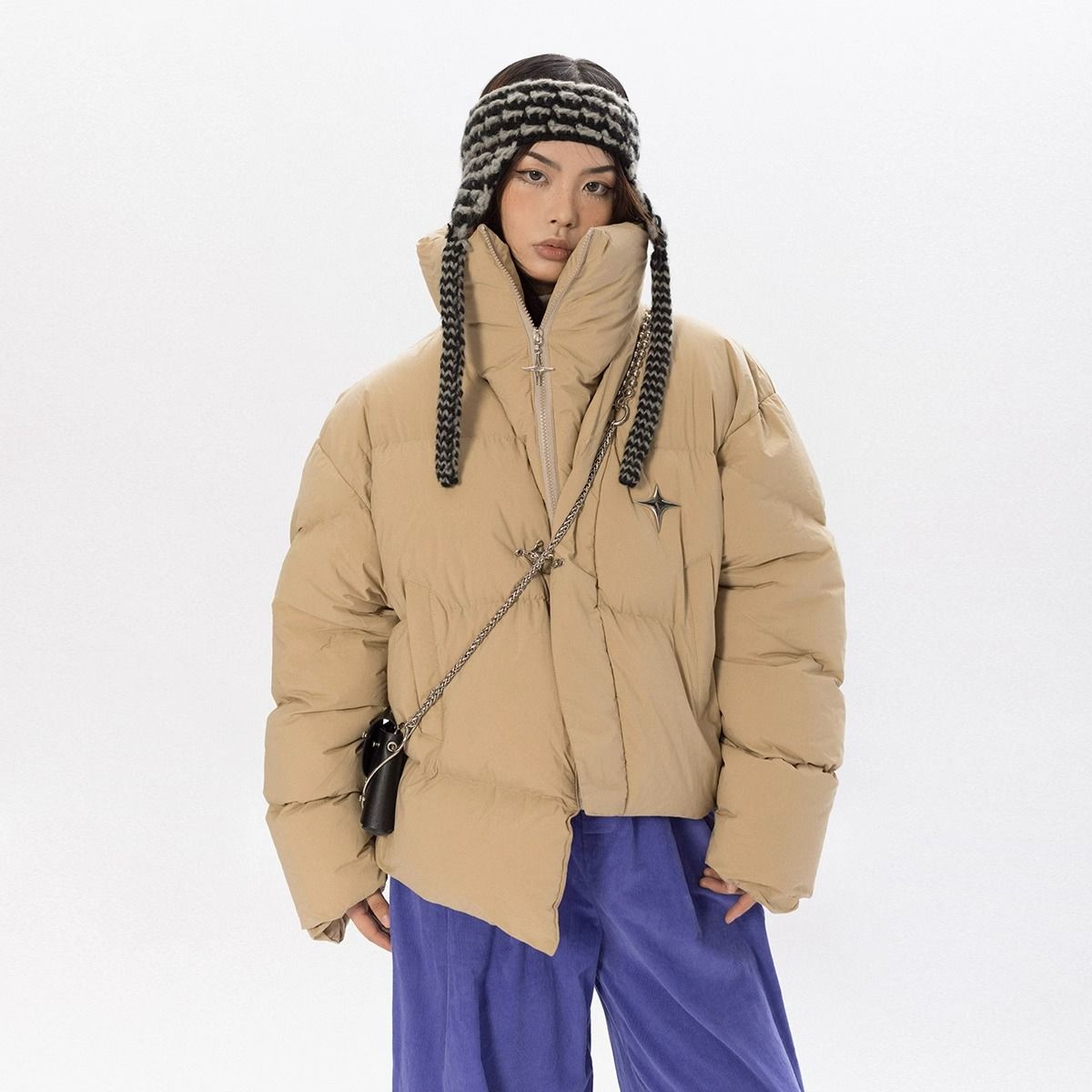 小眾設計甜酷加厚保暖金屬扣質感麵包棉服外套女2023冬季簡約上衣