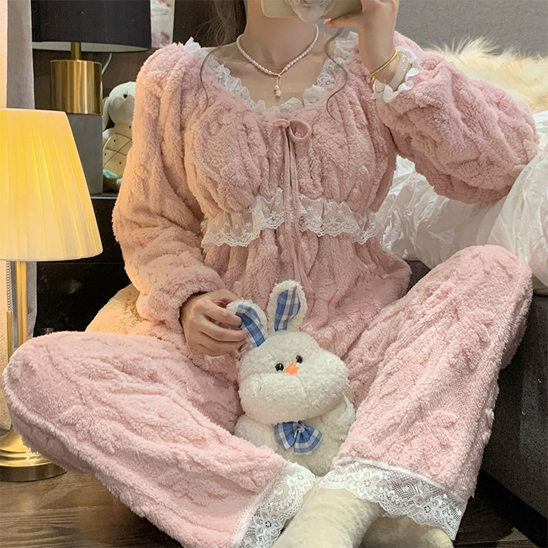 公主風睡衣女秋冬季珊瑚絨加厚保暖法蘭絨甜美花邊可愛家居服套裝