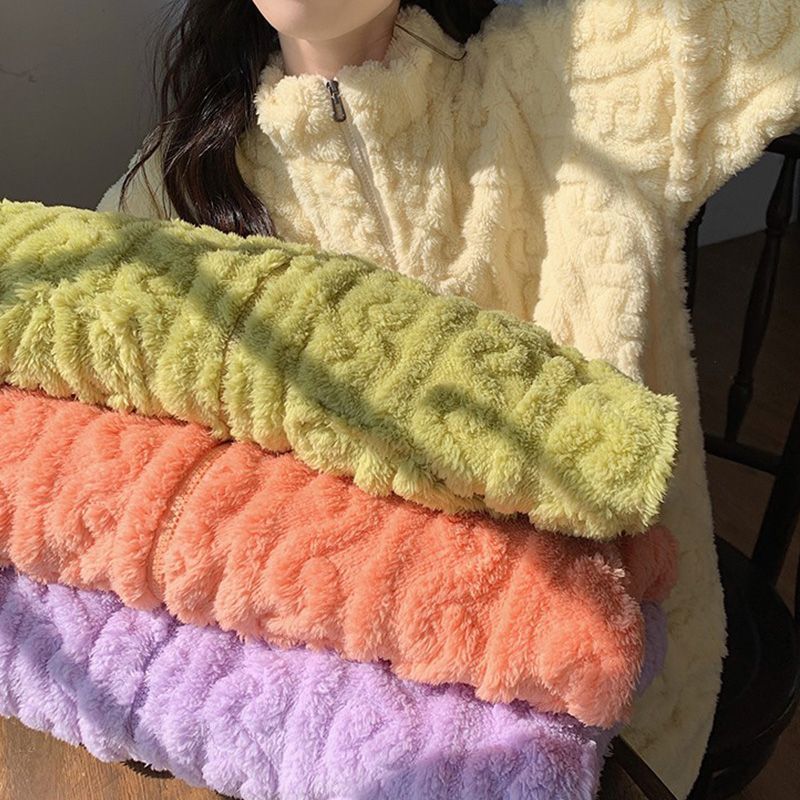 珊瑚絨睡衣女秋冬季加絨加厚長袖網紅拉鏈款學生法蘭絨家居服套裝