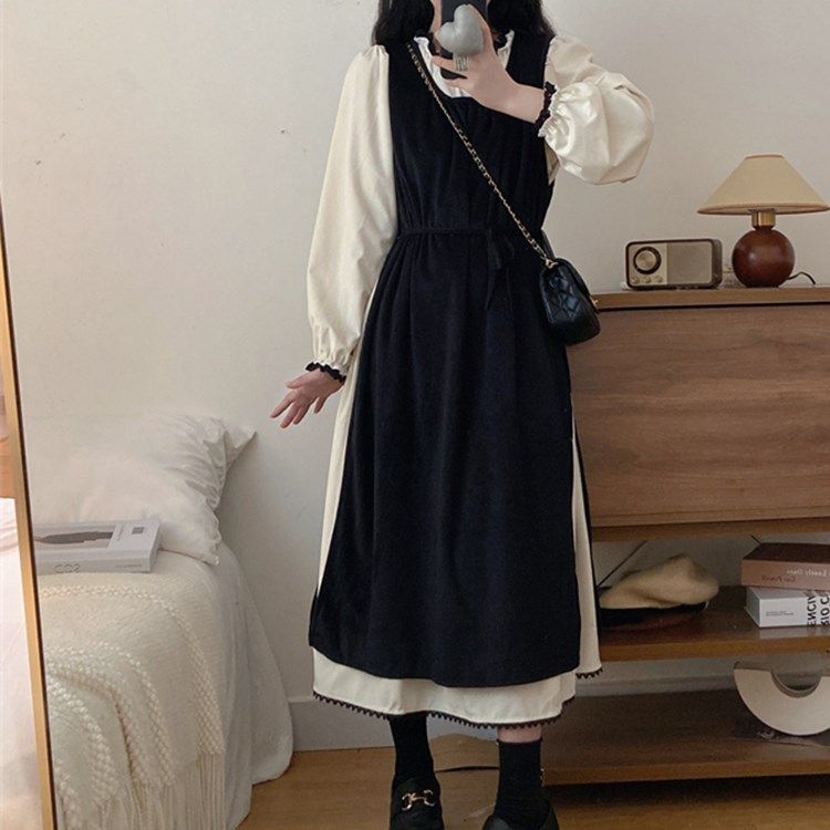 法式高級感學院風長袖連衣裙子早秋季大碼新款女裝小個子長裙套裝