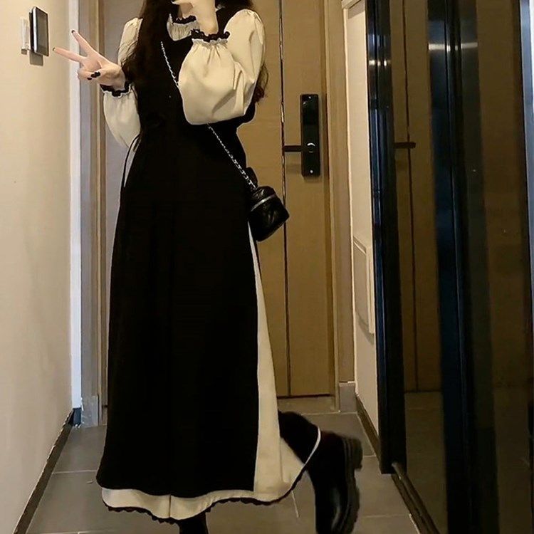 赫本风法式复古秋冬季连衣裙美拉德胖妹妹收腰显瘦长款裙子两件套
