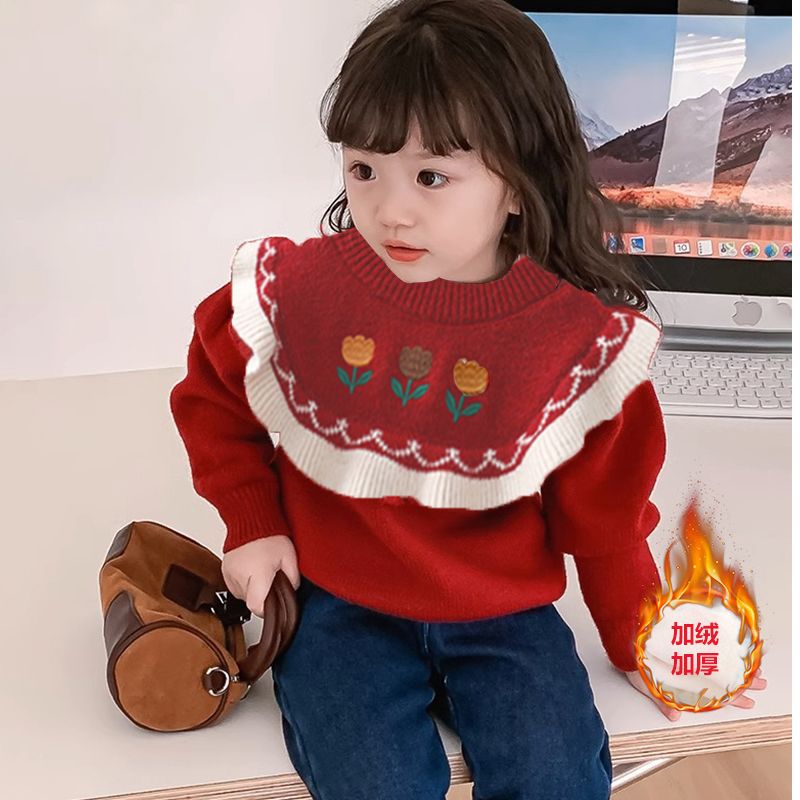寶寶2023刺繡木耳邊毛衣公主風洋氣過年女童毛衣秋冬冬季喜