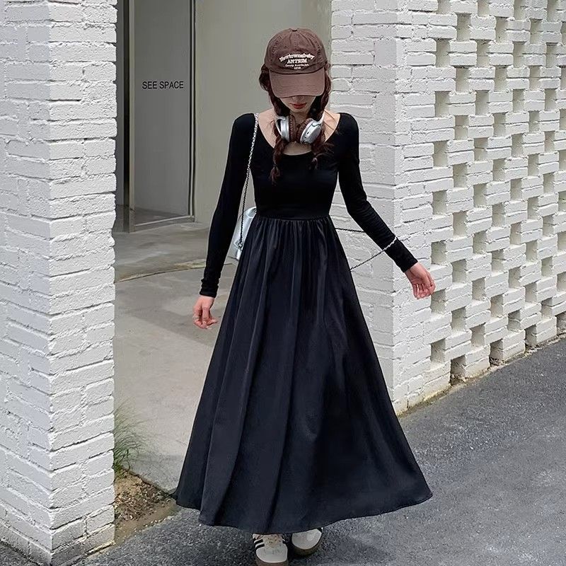 复古法式黑色赫本风长袖连衣裙秋2023新款法式气质修身显瘦小黑裙