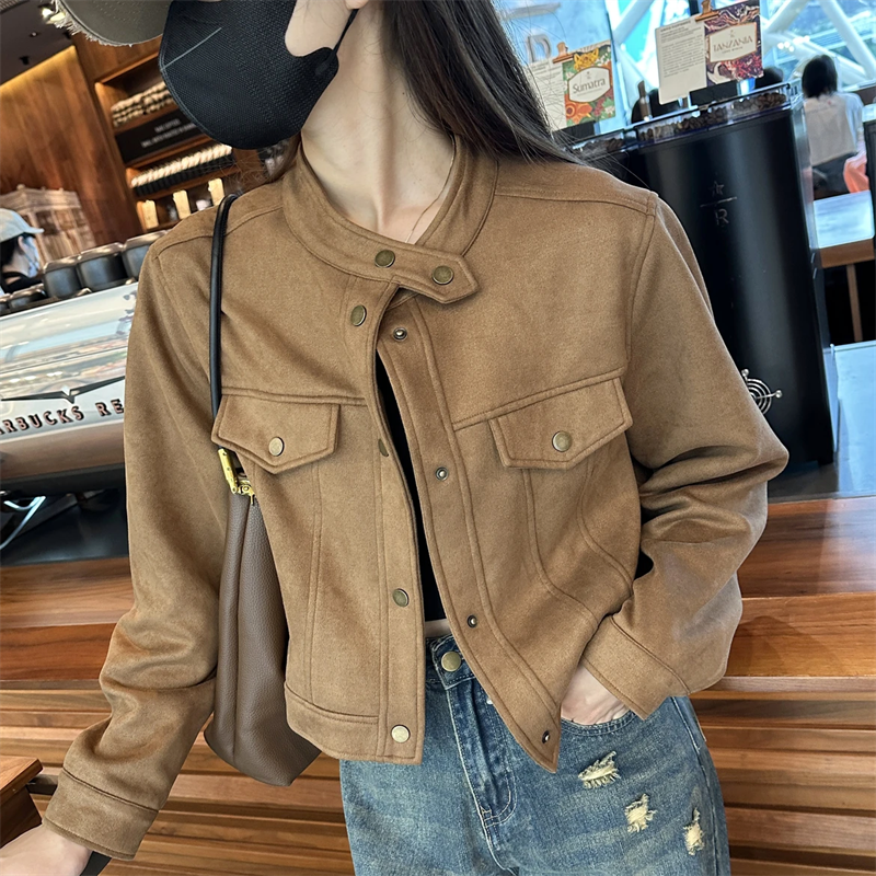 藍海奕諾機車服麂皮絨短外套女2023秋季新款小個子設計感寬鬆上衣