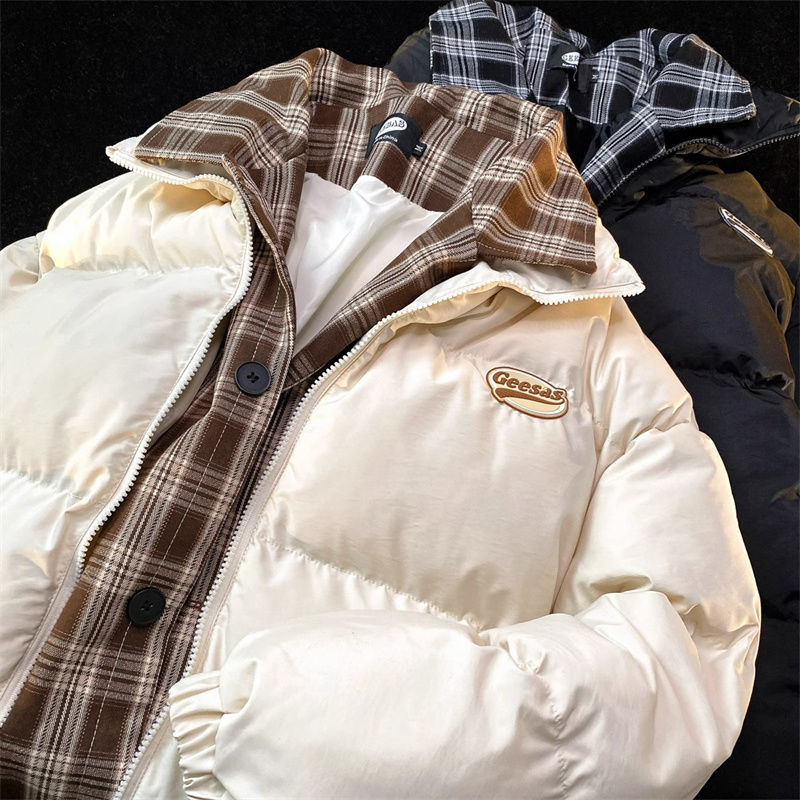 冬季美式设计感棉服男假两件宽松潮流面包服加厚潮牌情侣棉衣外套