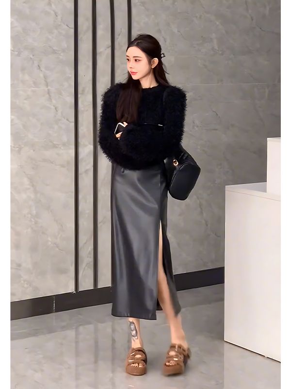 套裝女2023秋季新款仿水貂毛高級感寬鬆上衣包臀開叉半身裙兩件套