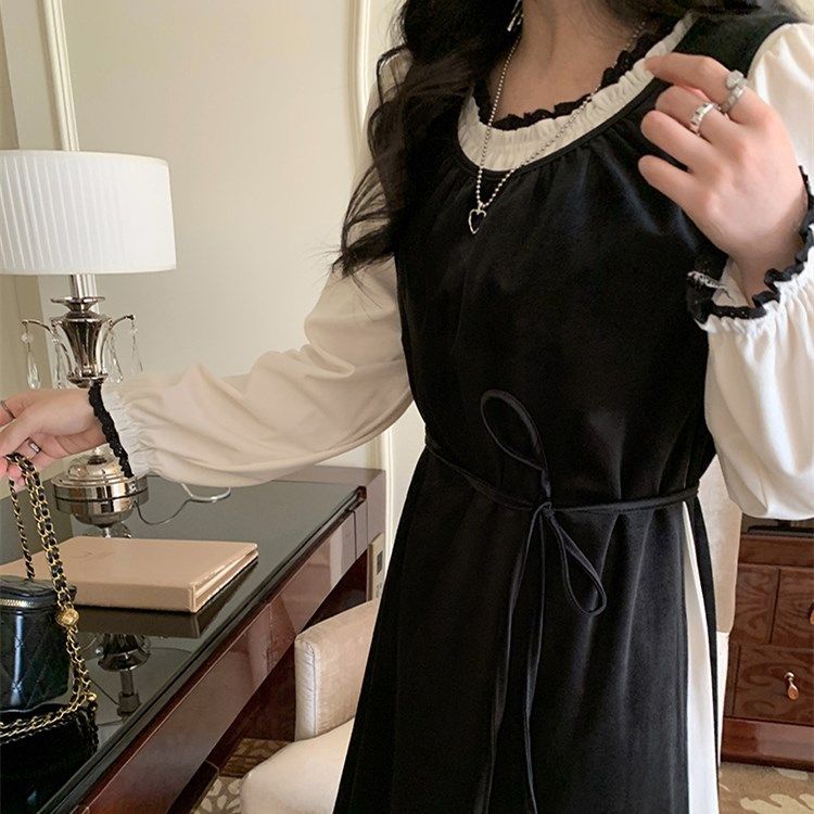 大碼法式連衣裙女秋季新款胖mm梨型身材顯瘦氣質馬甲兩件套裝裙子