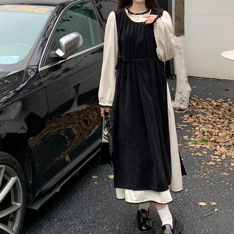 三木子秋大碼小眾設計感兩件套花邊拼接中長款圓領長袖過膝連衣裙