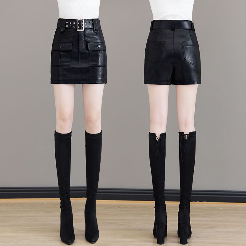2023 new pu leather skirt skirt pants autumn and winter women's short skirt versatile slimming high waist slim a-line hip-covering pants skirt