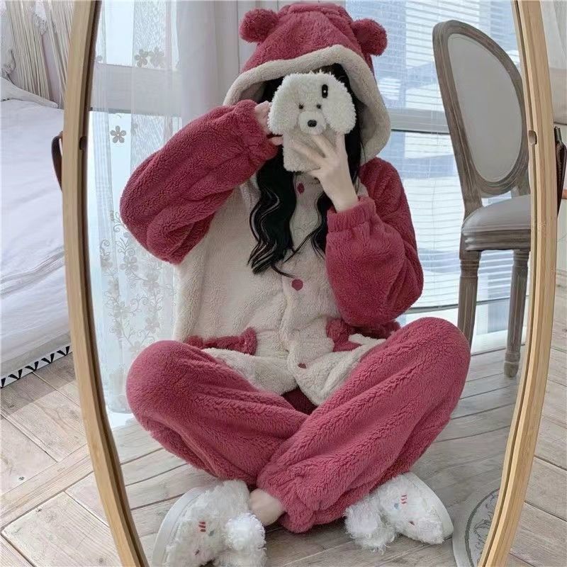 珊瑚絨草莓熊睡衣女款冬季可愛加絨加厚保暖長毛法蘭絨家居服套裝