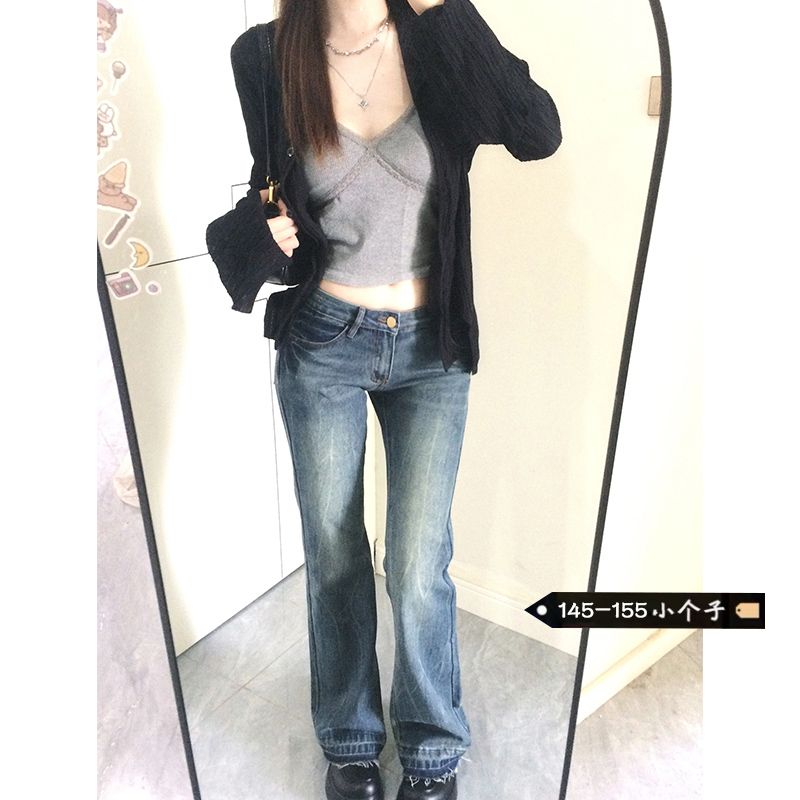 復古微喇毛邊牛仔褲女秋季低腰小個子辣妹顯瘦修身馬蹄喇叭長褲潮