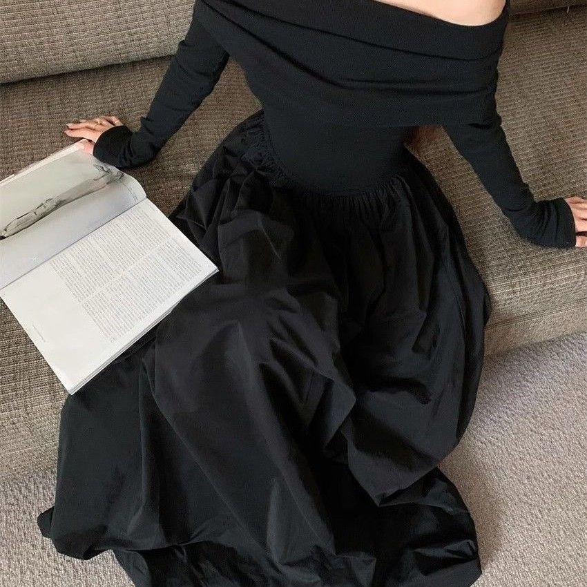 秋季新款时尚高级感黑色一字肩连衣裙性感收腰修身高个子长裙