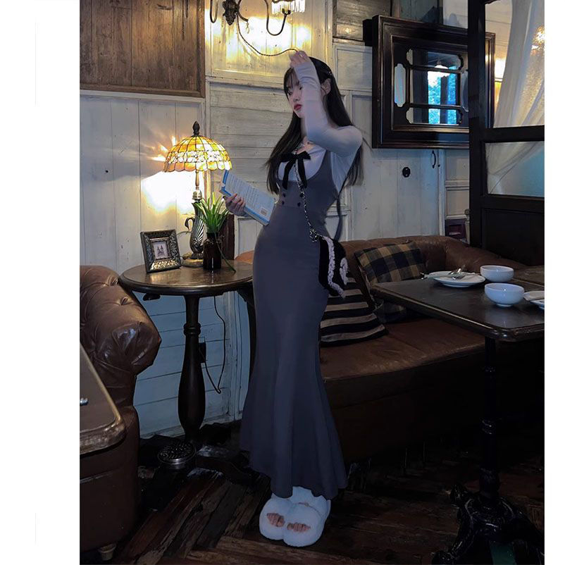 2023新款韓系甜辣修身魚尾吊帶連衣裙蝴蝶結上衣疊穿長款兩件套秋