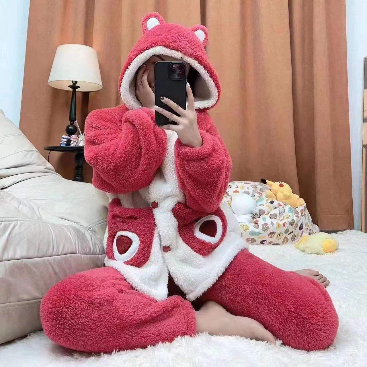 珊瑚絨睡衣女秋冬季加厚加絨保暖可愛草莓熊法蘭絨家居服可外穿