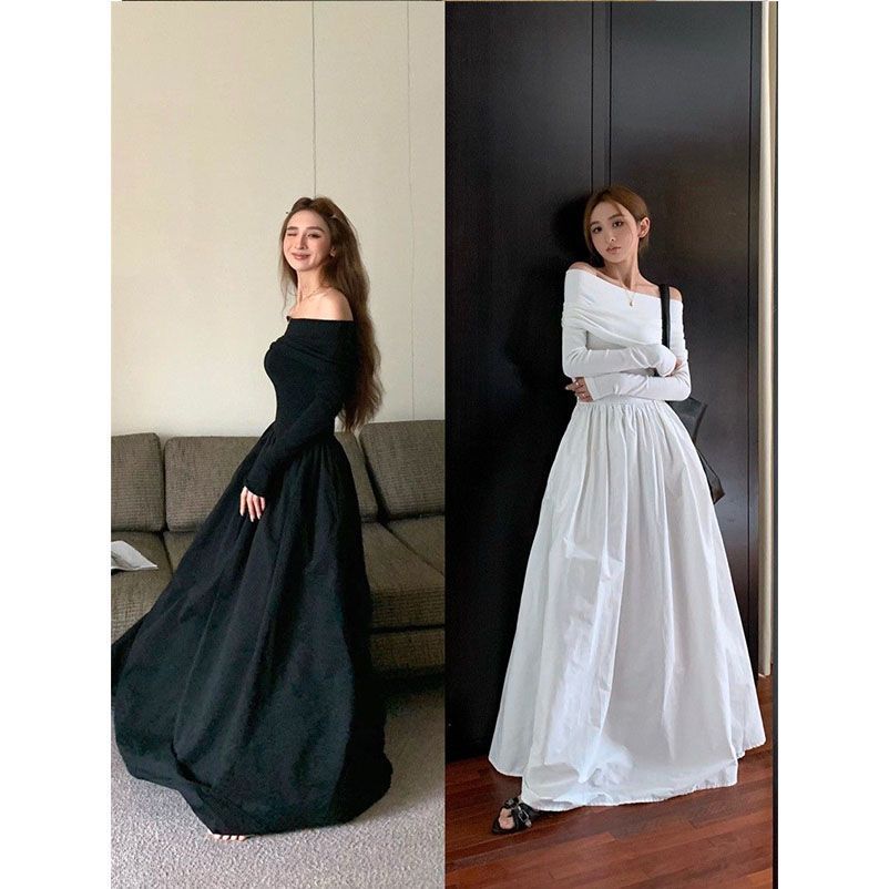 Autumn new fashion high-end black one-shoulder dress sexy waist slim tall long dress