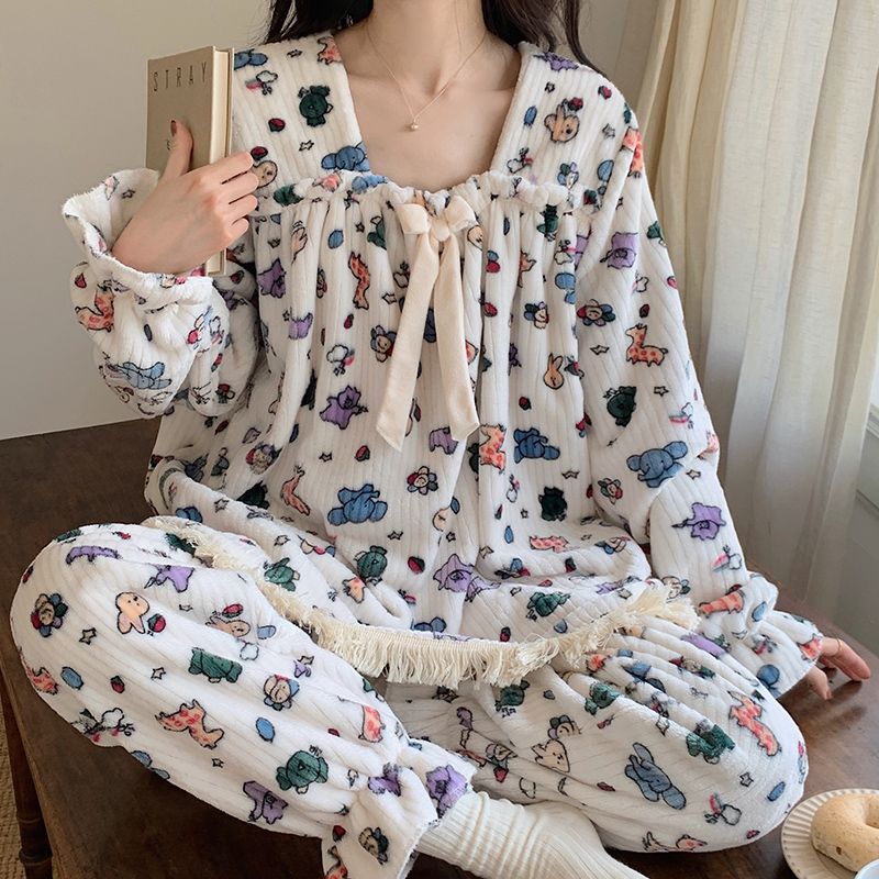 高級感可外穿睡衣女冬季爆款加厚珊瑚絨卡通秋冬法蘭絨家居服套裝