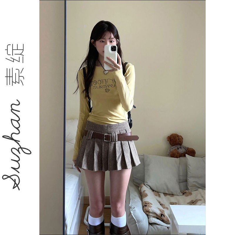 超好看黃色新款字母印花設計感正肩長袖上衣女小個子歐美風t恤衫