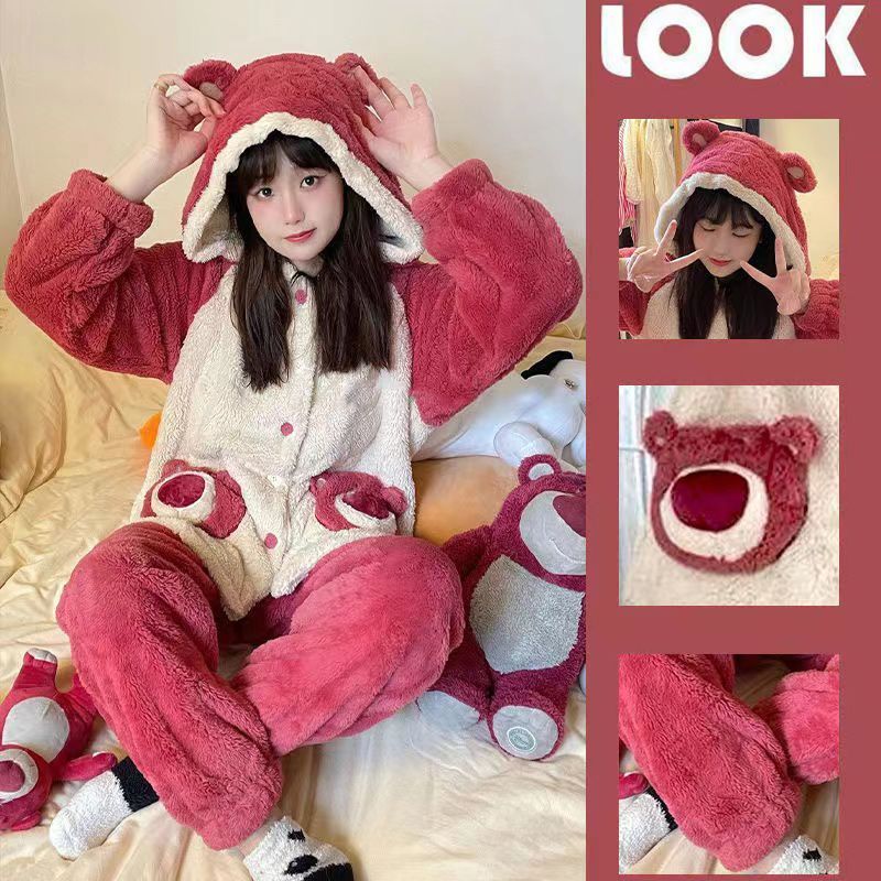 珊瑚絨草莓熊睡衣女秋冬季加絨加厚保暖長毛法蘭絨學生家居服套裝