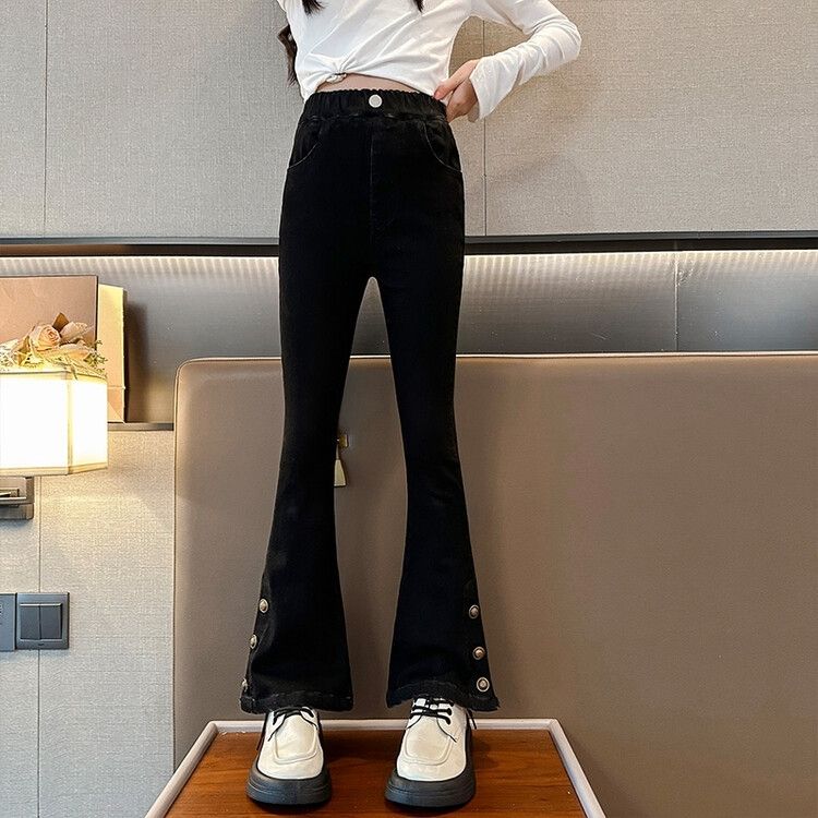 女童秋季套装2023新款韩版休闲设计感木耳边毛衣牛仔喇叭裤两件套