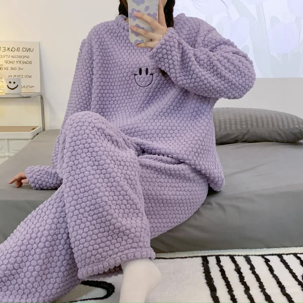 珊瑚絨睡衣女秋冬季長袖長褲ins可外穿休閒加厚笑臉法蘭絨家居服