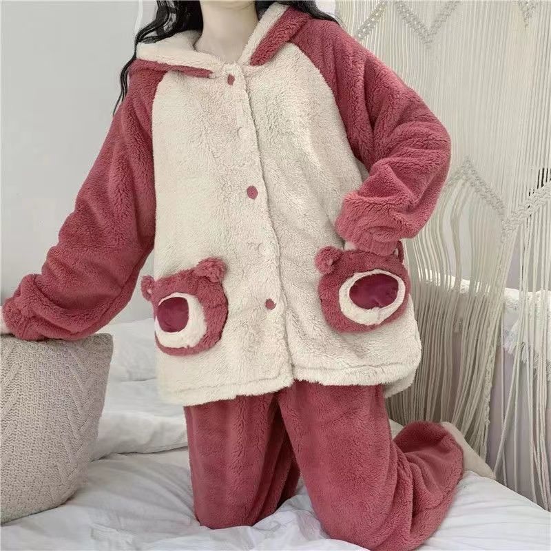 韩版ins可爱草莓熊珊瑚绒睡衣女秋冬季加厚毛绒可外穿家居服套装