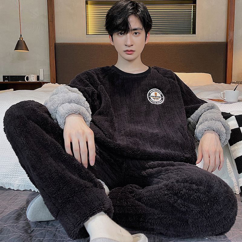 珊瑚絨睡衣男秋冬季加絨加厚長袖網紅款學生可愛法蘭絨家居服套裝