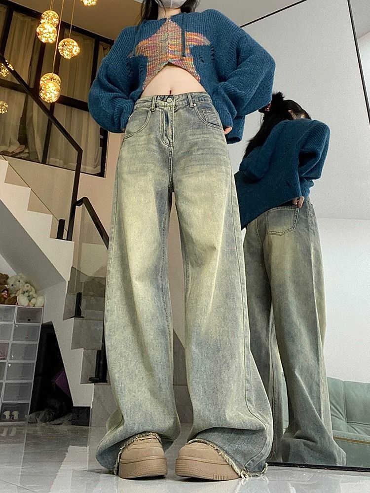 美式復古高街做舊毛邊牛仔褲女秋季高腰顯瘦闊腿褲直筒拖地長褲潮