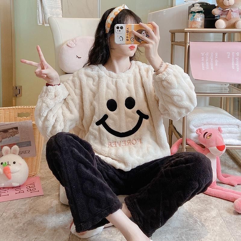 珊瑚絨睡衣女秋冬季加絨加厚長袖網紅款學生可愛法蘭絨家居服套裝