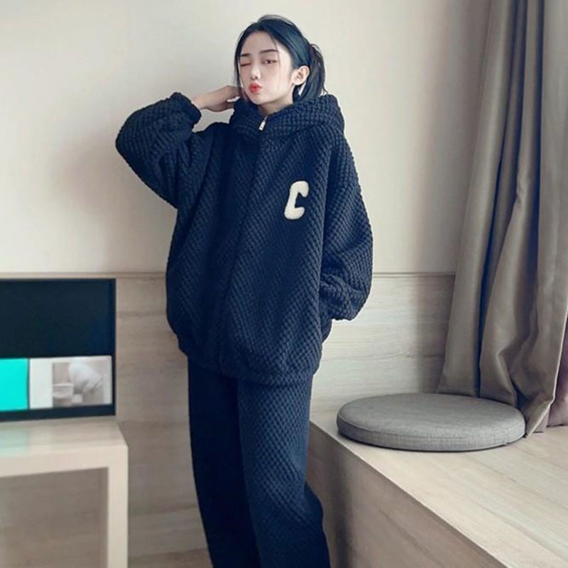 珊瑚絨睡衣女秋冬季加絨加厚網紅拉鏈款連帽學生法蘭絨家居服套裝