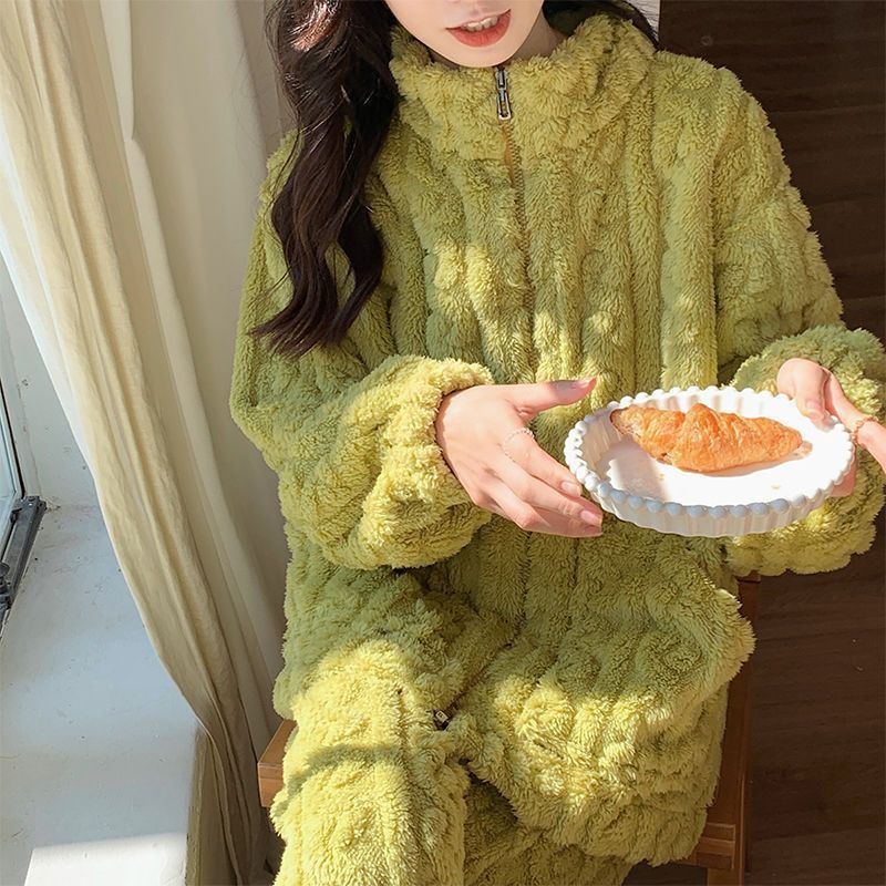 珊瑚絨睡衣女秋冬季加絨加厚長袖網紅拉鏈款學生法蘭絨家居服套裝