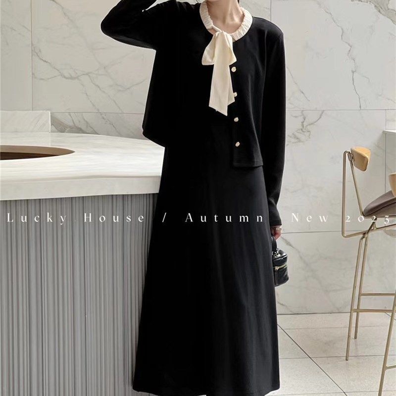 Plus size women's temperament contrasting bow tie cardigan top autumn French elegant suspender skirt two-piece suit