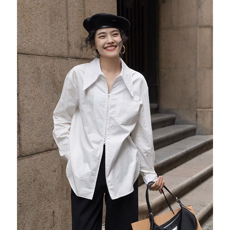 Blue French high-end large lapel zipper white shirt for women in spring and autumn niche light luxury loose lazy shirt