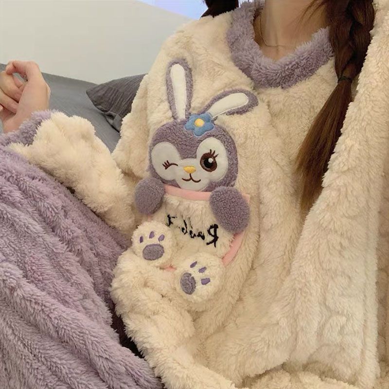 珊瑚絨睡衣女秋冬季加絨加厚長袖網紅款學生可愛法蘭絨家居服套裝